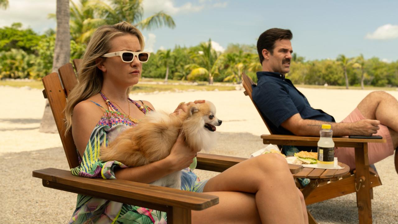 Meredith Hagner and Rob Delaney in 'Bad Monkey' premiering August 14, 2024 on Apple TV+.