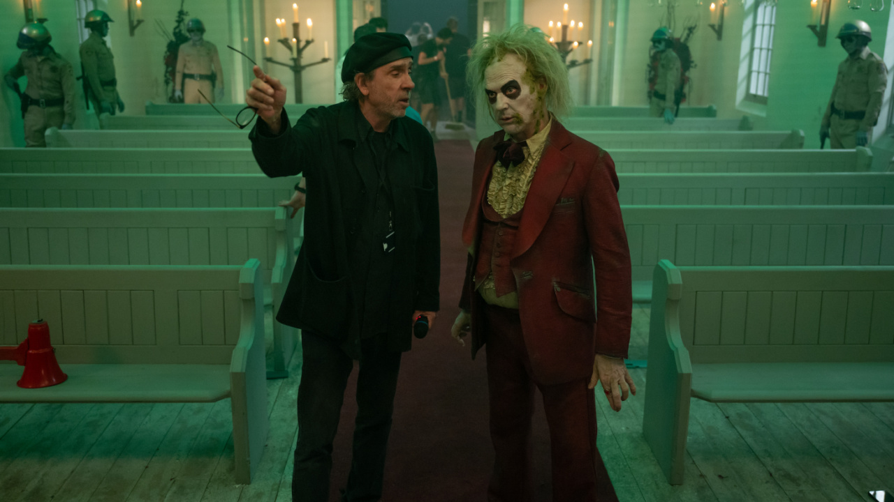 Directors Tim Burton and Michael Keaton on the set of the Warner Bros. Pictures comedy 'Beetlejuice Beetlejuice'. Photo credit: Parisa Taghizadeh. Copyright: © 2024 Warner Bros. Entertainment Inc. All rights reserved