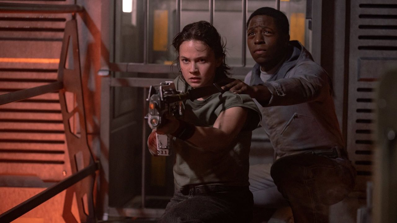 (L to R) Cailee Spaeny as Rain Carradine and David Johnson as Andy in 20th Century Studios' Alien: Romulus. Image courtesy of 20th Century Studios. © 2024 20th Century Studios. All rights reserved.