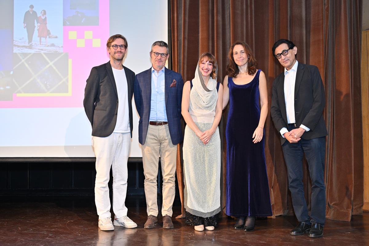 (RL) Lithuanian director Tomas Vengris, EU Ambassador to India Harvey Delfin, Italian actress Yelle Yara Vianello, Italian Cultural Institute Director Andrea Anastasio and India Habitat Center President Suniti Tandon; Pose for a photo on the opening night of EUFF 2024